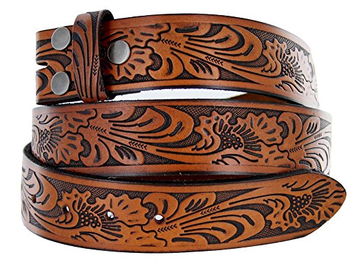 Western Embossed Black Brown Leather Belt Strap w/ Snaps for Interchangeable Buckles