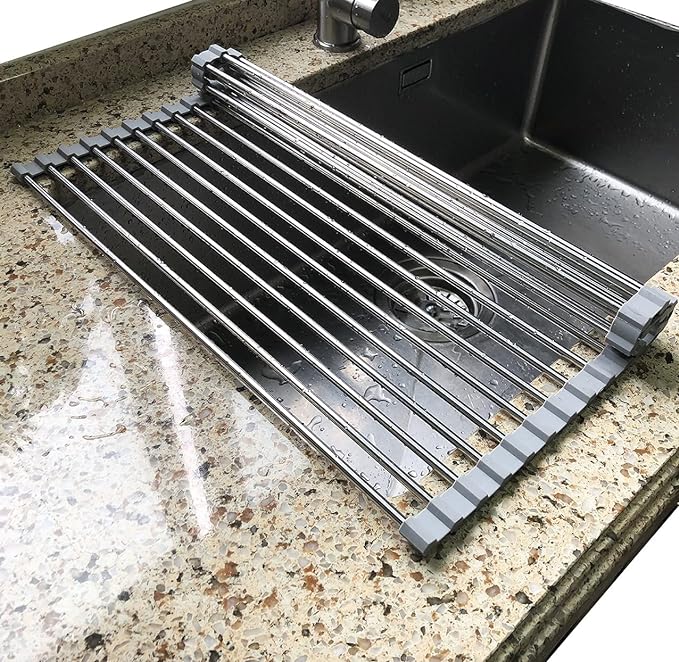 Attom Tech Home 17.7" x 11.5" Long Dish Drying Rack, Roll Up Dish Racks Multipurpose Foldable Stainless Steel Over Sink Kitchen Drainer Rack for Cups Fruits Vegetables