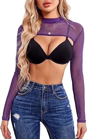 Avidlove Mesh Crop Tops for Women Mock Neck Long Sleeve Crop Top See Through Shirt Top Sexy Clubwear