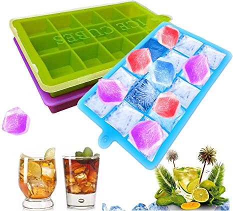 Ice Cube Trays 3 Pack, Silicone Ice Tray with Removable Lid Easy-Release Flexible Ice Cube Molds 15 Cubes per Tray for Cocktail, Whiskey, Baby Food, Chocolate and More, BPA Free