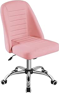 Yaheetech PU Leather Armless Office Chair, Modern Tiltable Vanity Chair, Computer Task Chair, Mid Back Desk Chair with Rolling Wheels, Metal Base Pink