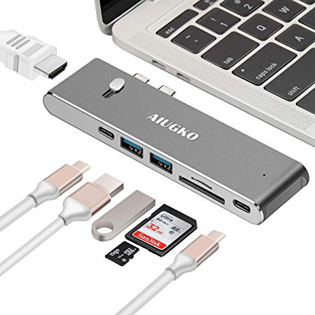 Aiugko USB C Hub Type C Adapter to 4K HDMI USB 3.0 SD/TF Card Reader PD Charge Port Space Grey USB C Adapter Hub for Type c Devices MacBook Pro 2018/2017 UltraBook USB C Devices