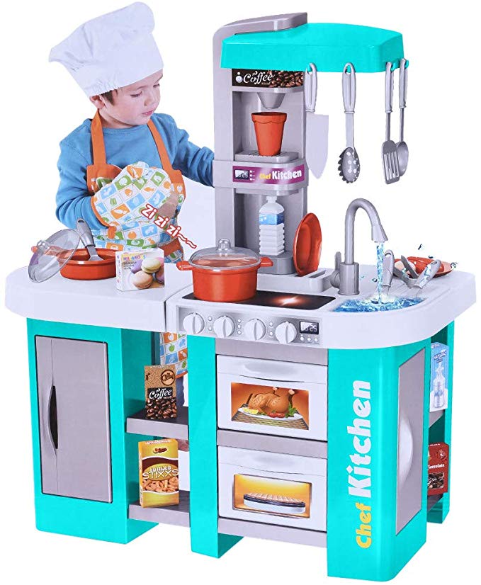 Deluxe Kitchen Playset,Kids Play and Pretend Kitchen Set with Sound and Lights,Simulation Cooking Toys for Boys Girls Over 3 Years Old,Provide by Mosunx (Blue)