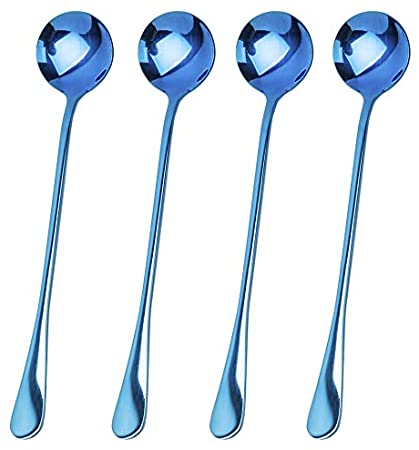 Long Handle Iced Tea Spoon, Stainless Steel Coffee Mixing Spoons - Long Cream Dessert Spoons Set of 4 (4 Round Blue)