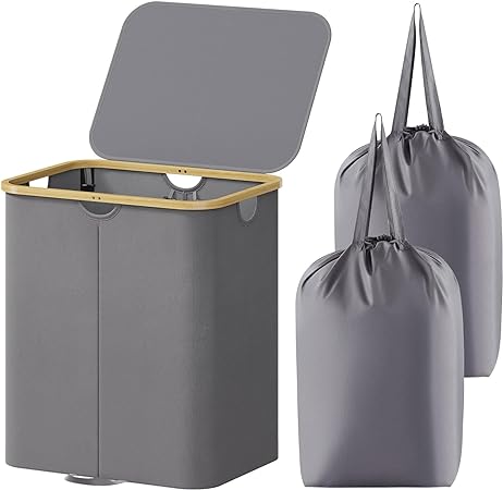 Lifewit 120L Double Laundry Hamper with Lid, Large Laundry Basket with Bamboo Handles and Removable Laundry Bags, Foldable Clothes Hampers for Laundry for Bedroom, Bathroom, Dorm, Laundry Room, Grey