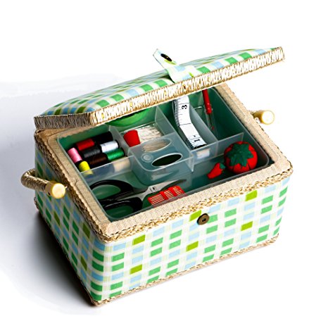 bbloop Medium Vintage Sewing Basket with Notions Package - Green Plaid Style