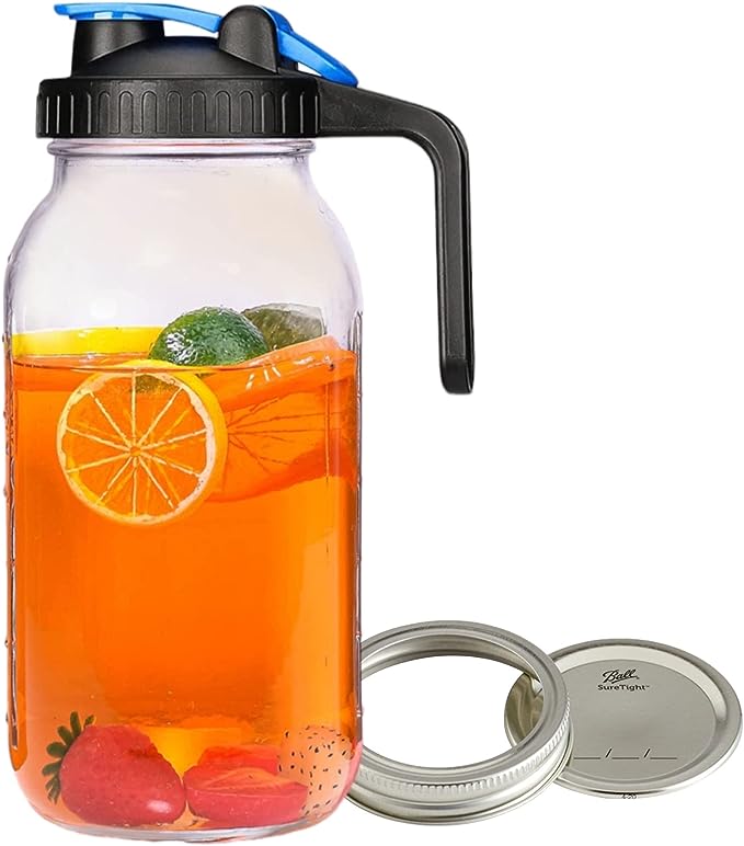 64 OZ Mason Jar Pitcher Wide Mouth 64 oz Mason Jar Pitcher with Airtight Lid and metal lid and band - 2 Quart Pitcher for Iced Tea, Sun Tea, Juice, Coffee (Blue)