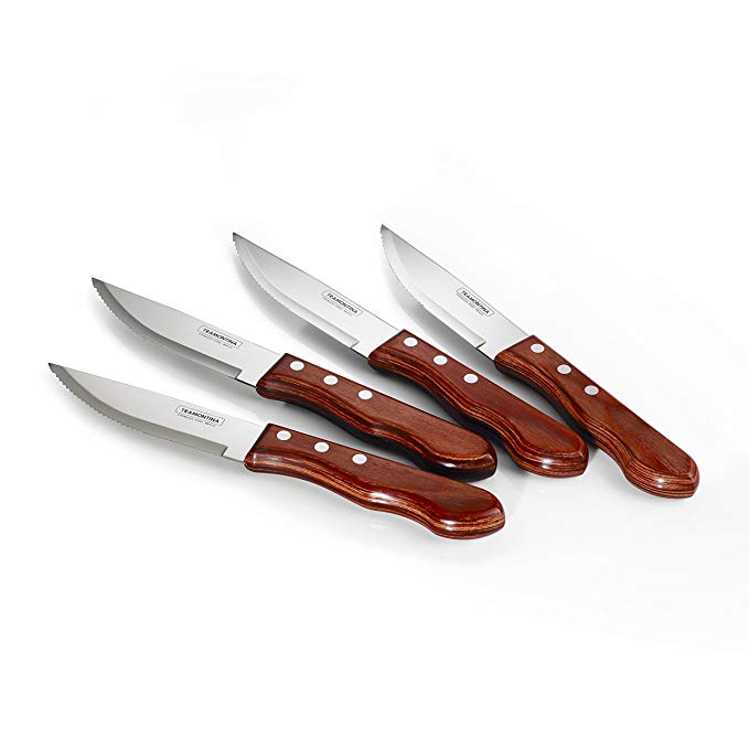 Tramontina P-501DS Porterhouse Stainless Steel 4-Piece Steak Knife Set, Pointed Tip, Polywood Handle, Made in Brazil