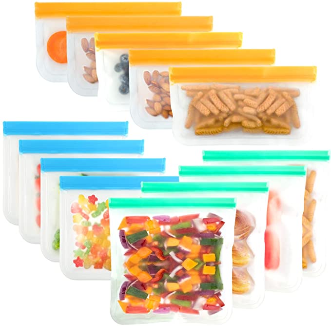 13 Pack Reusable Food Storage Bags - 4 Reusable Snacks & 4 Sandwich Bags & 5 Kids Snacks Bags, Extra Thick Leak Proof Lunch Bag for Meat Fruit Veggies