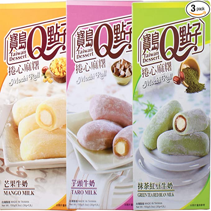 Mochi Roll Cake, japanese mochi candy dessert rice cake 3 Pack of Mango, Taro, Green Tea Flavor Gift Bag by Unha's Asian Snack Box