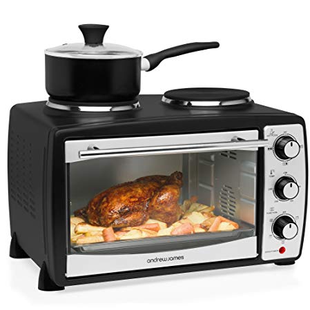 Andrew James 24L Black Mini Oven with Electric Grill and Double Hotplates | 1500W | 5 Cooking Functions Toaster Ovens Roasting Baking Grilling & Reheating