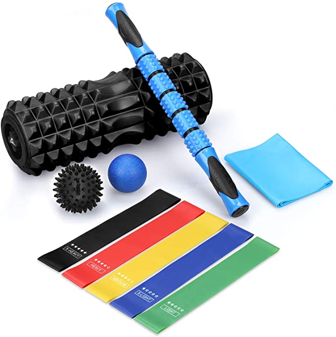 SKL 6 in 1 Foam Roller Set, Include High-Density Foam Roller,Massage Roller Stick, Spiky Massage Ball, Solid Ball & 5 Resistance Bands. Perfect for Pain & Tightness Relief Home Gym Set