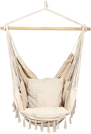 E EVERKING Hammock Chair, Hanging Rope Swing Seat for Indoor Outdoor, Soft Durable Cotton Canvas, 2 Cushions Included, Large Reading Chair with Pocket for Home, Bedroom, Patio, Porch (A-White)
