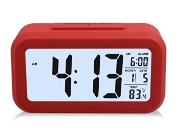 [LUXURY] ZHPUAT 5.3" Digital Alarm Clock, Large HD Display, Snooze, Smart Soft Light, Progressive Alarm, Battery Operated, Simple Setting, Temperature Display, Easy for Travel (Red)