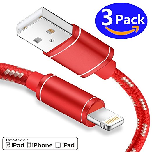(3 Pack) J2cc iPhone Cable, Premium 3FT 6FT 10FT Nylon Braided Cord Lightning Cable Certified to USB Charging Charger for iPhone 7/7 Plus/6s/6s Plus/6/6 Plus/5/5S/5C/SE/iPad and iPod