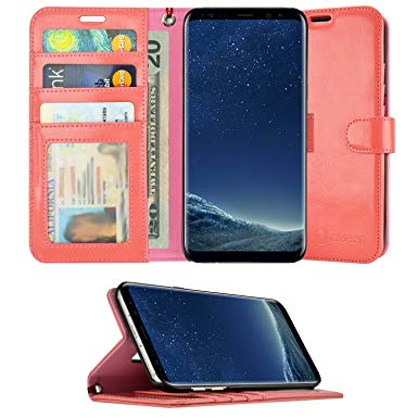 S8 Case, S8 Wallet Case, caseen Ottima Leather Slim Folio Wristlet w/Stand Flip Cover Folio for Samsung Galaxy S8 (Coral)