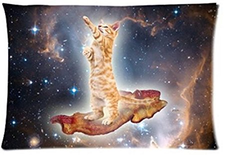 Funny Bacon Cat in Space Pillowcase - Pillowcase with Zipper, Pillow Protector Cover Cases - Standard Size 20x30 inches, One-sided Print