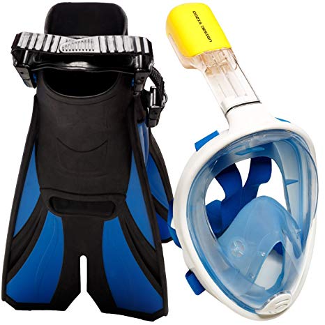 COZIA Design SNORKEL SET with SNORKEL MASK - SWIM FINS included - OCEAN VIEW free breathing SNORKEL MASK FULL FACE with adjustable FLIPPERS