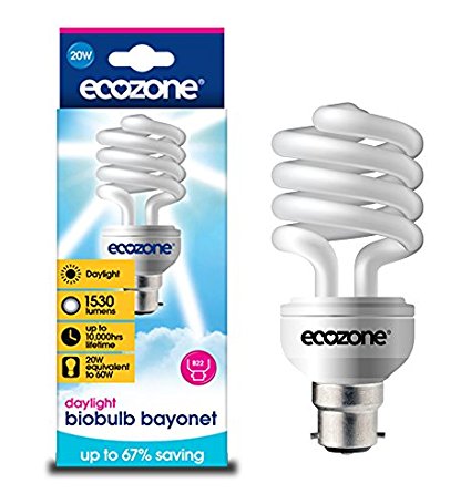 Ecozone Biobulb, Energy-Saving Daylight Bulb, Bayonet Cap B22, 20W Equivalent to 60w, 1530 Lumens, Full Spectrum, Daylight White 6500k, Uses 68% Less Energy. Ideal for suffers of S.A.D