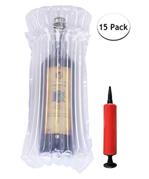 Wine Bottle Protector, 15 Pack Bubble Cushion Wrap Glass Sleeves for Luggage | Airplane Travel | Airline Transport | Safety Shipping, Inflatable Air Filled Packaging Bags with Free Reusable Pump