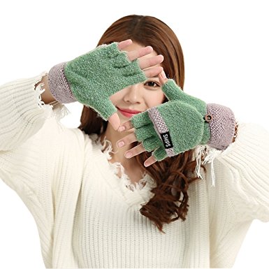 Women Ladies Girls Winter Chunky Wool Crochet Convertible Gloves Warm Half Finger Mittens Stretchy Thermal Cable Knitted Flip Top Fingerless Texting Gloves with Mitten Cover Hand Warmer Christmas Gift