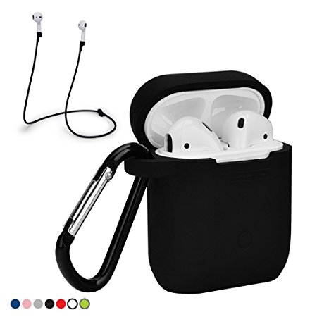 AirPod Case with strap. Full Protective Cover Portable Silicone Skin with Anti-lost Strap for Apple AirPods (Black)