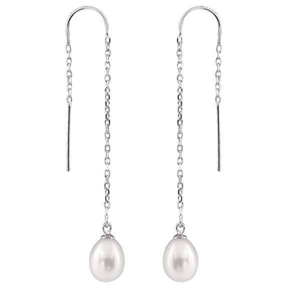 Splendid Pearls 925 Sterling Silver 8mm Genuine Freshwater Cultured Pearl Dangle Drop Thread Earrings