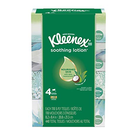 Kleenex Soothing Lotion Facial Tissues with Aloe & Vitamin E, Flat Box, 110 Count, Pack of 4