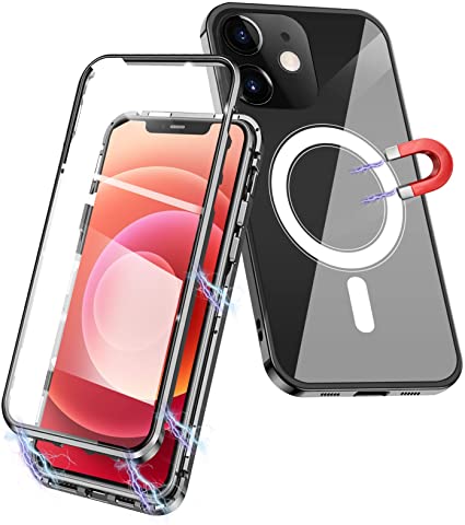 Magnetic Case for iPhone 12 Pro Max with Mag-Safe Charging, Double Sided Crystal Clear Glass Cover [Built-in Magnetic Circle] Magnet Metal Bumper Magsafe Case for iPhone 12 Pro Max-Black, 6.7"