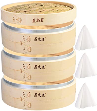 Hcooker Deepen 3 Tier Kitchen Bamboo Steamer with Stainless Steel Banding for Asian Cooking Buns Dumplings Vegetables Fish Rice