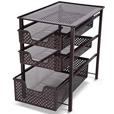 Stackable Under Sink Organizer 3 Tier Sliding Basket Cabinet, Bronze, by Simple Trending
