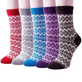 Pack of 5 Womens Vintage Style Thick Wool Warm Winter Crew Socks