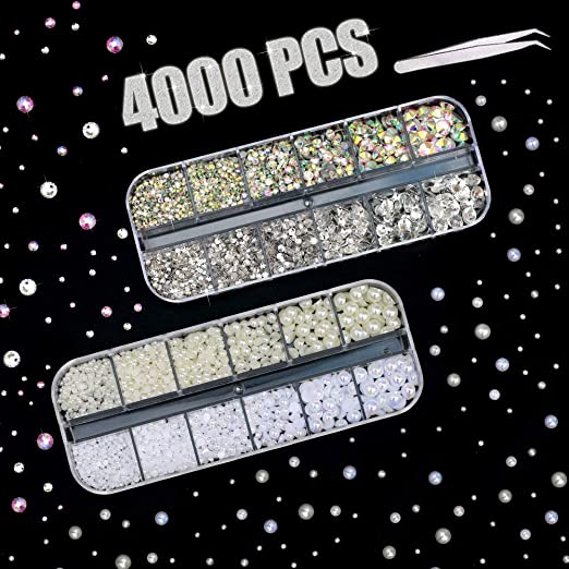 4000 PCS Rhinestones & Pearls for Nail, Flatback Crystal AB Rhinestones and Illusive Pearls in 2 3 4 5 6 mm with Pick Up Tweezer for Girls DIY Craft Face Clothes Shoes Bags Phone Case Arts