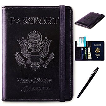 RFID Blocking Leather luggage passport cover holder wallet case for women and men with bonus ballpoint pen