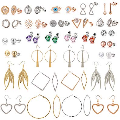 Tamhoo 29 Pair Gold Silver Assorted Multiple Pack Pearl Crystal CZ Stud Earrings Set for Women Teens Girls Chic Simple Drop Geometric Hoop Earring Set,Heart Shape,Evil Eye,Statement Dangle Earrings