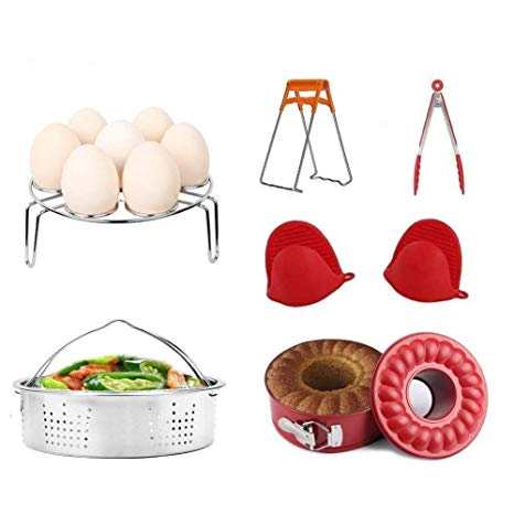 Pressure Cooker Accessories Set 6 Pieces Value Pack Fits 5, 6, 8 QT. Steamer Basket, Springform Pan, Egg Steamer Rack, Steaming Stand, Kitchen Tongs and 1 Pair Silicone Cooking Pot