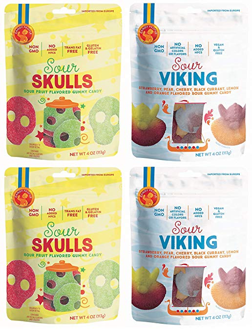 Candy People Sour Skulls and Vikings Sour Fruit Flavored Swedish Gummy Candy 4 Ounce – Non-GMO, No Added High Fructose Corn Syrup (4 Pack)