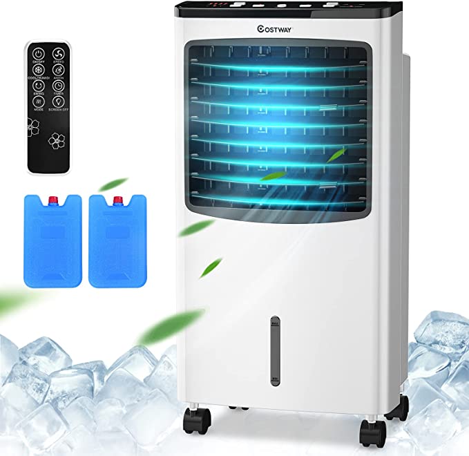 COSTWAY Evaporative Cooler, Portable Cooling Fan with Remote Control, 3-Mode, 3-Speed and 7.5H Timer Function, Include Ice Crystal Boxes, Water Tank and Casters, Bladeless Cooler for Home Office