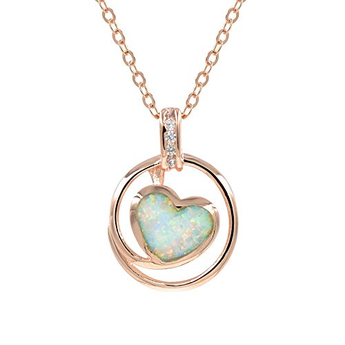 Espere Lab Created Opal Heart Pendant Necklace 18 Inch in Sterling Silver 925 Rhodium Plated