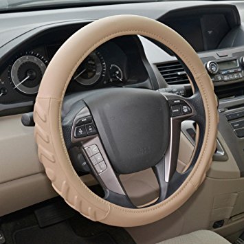 Motor Trend Beige Synthetic Leather Auto Car Steering Wheel Cover - Odorless w/ Cushion Grip Standard 15 Inch
