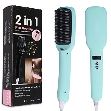 MEXI 2-in-1 Hair Straightener Brush, Ionic Heating Technology, PTC Ceramic Heating for Quick Styling Care, Detangling Comb Effective Silky Hair Brush with LCD Screen ,Blue [ 2017 New Version ]