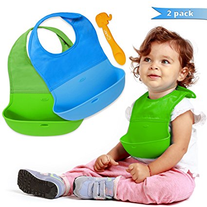 2 X Roll Up Bibs with Pocket for Babies and Toddlers (Boys or Girls), Made from Waterproof Silicone and Anti-Bacterial Fabric with Bonus Cute Spoon