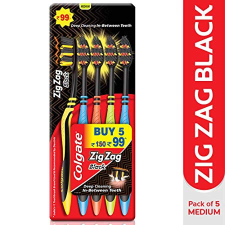 Colgate Zig Zag Black Toothbrush - 5 Toothbrushes - (1 pack of 5 Brushes) For Deep Cleaning In between Teeth