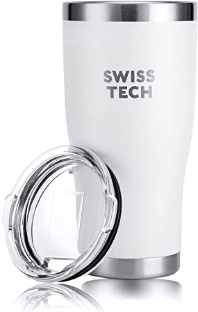 SWISS TECH 20 oz Tumbler, Stainless Double Wall Vacuum Insulated Tumbler with Lid and Wide Mouth, for Travel, Gym & Daily Use, BPA Free (White)