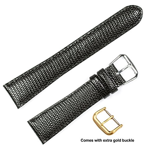 deBeer brand Lizard Grain Watch Band (Silver & Gold Buckle) - Black 15mm