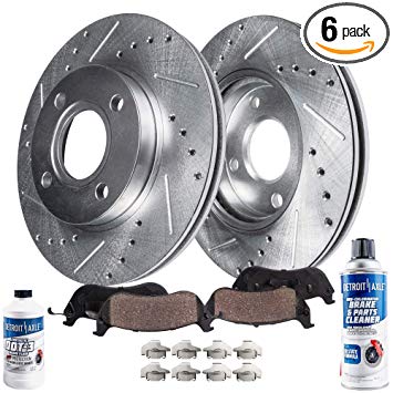 Detroit Axle - Pair (2) Front Drilled and Slotted Disc Brake Kit Rotors w/Ceramic Pads w/Hardware & Brake Kit Cleaner & Fluid for 2008 2009 2010 2011 Ford Focus