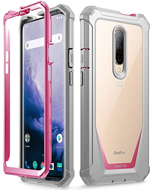 Poetic OnePlus 7 Pro Rugged Clear Case, Full-Body Hybrid Shockproof Bumper Cover, Built-in-Screen Protector, Guardian Series, Case for OnePlus 7 Pro (2019 Release), Pink/Clear