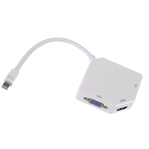 Fastsnail 3 in 1 Mini DP DisplayPort Thunderbolt to DVI VGA HDMI Adapter for Mac Book iMac, Mac book, Mac Air, Surface pro 1 2 3, ThinkPad X1 White