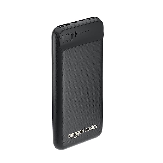 Amazon Basics 10000mAh 12W Lithium-Polymer Power Bank | Dual Input, Dual Output | Black, Type-C Cable Included