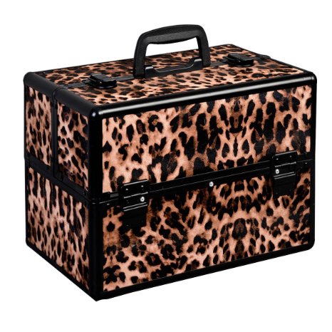14" Pro Aluminum Makeup Train Case Jewelry Box Cosmetic Organizer Black Leopard